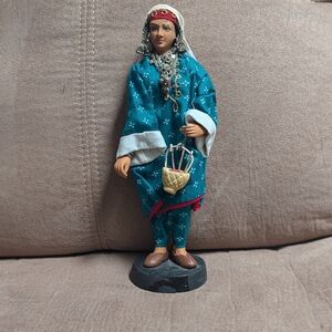 Handcrafted Teal Traditional Female Figurine with Basket